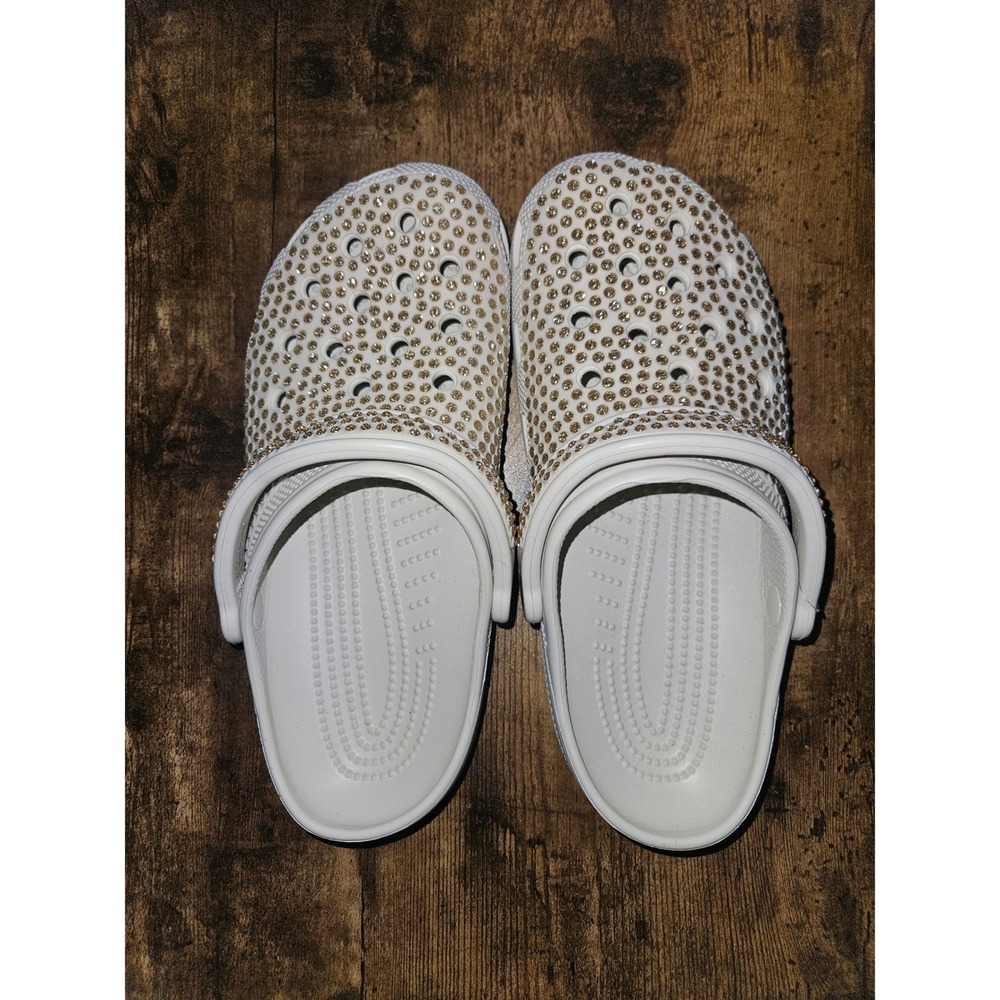 Crocs Classic Clog White Gold Rhinestone Embellished Women 10 Men 8 Bling Sprkl